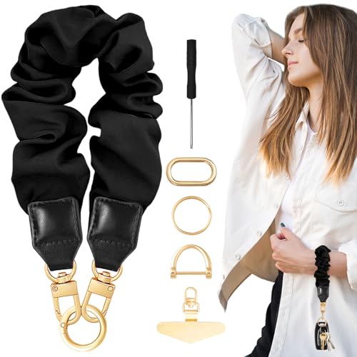 Image of Yiflin Multi-function Stretchy Keychain,Cute Scrunchie Key chain Wristlet, Wrist Lanyard for Keys,Phone Wrist Strap with Phone Tether Tab for Women Car Keys (Black)