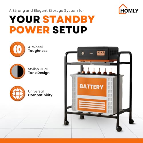 Image of Homly Uni Base Inverter Battery UPS Trolley Stand | Inventer Cabinent Box with 360 Rotating Lockable Wheels, Rust Resistant Inverter Stand | Supports 1 Inverter & 1 Battery Upto 100 kg - Black & Grey