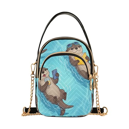 Cute Cartoon Otters Blue Shoulder Handbags for Women Cartoon Chain Strap Cell Phone Handbag Quilted Ladies Crossbody Satchel Bag