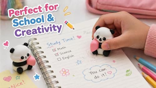 Image of Parshya Cute Paanda Eraser Set (2 Pcs) with Gift Box | Kawaii Split Heart Design | Non-Toxic Soft Rubber Erasers for Kids School Supplies Return Gifts Stationery Items for Girls Boys