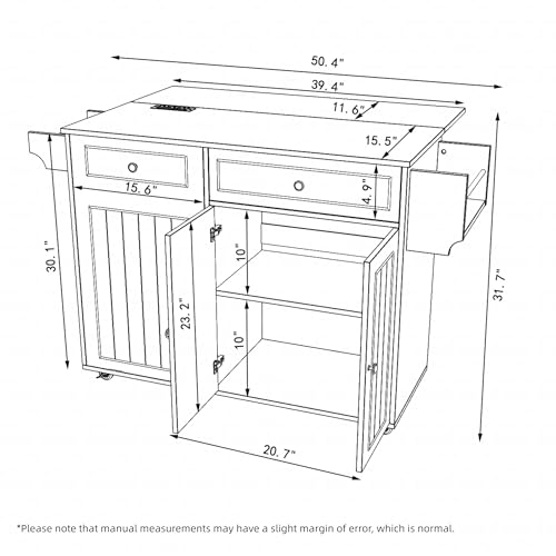 MEETFAV Modern Kitchen Island Cart with Power Outlet & Drop Leaf, Rolling Storage Island Table with Concealed Trash Bin Holder, Mobile Breakfast Bar with Drawer, Adjustable Shelf and Spice Rack - image 3