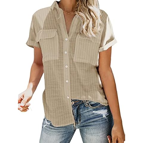 Fommykin Womens Striped Button Down Shirt Casual Cotton V-Neck Short/Long Sleeve Blouses Loose Tunic Tops with Pocket, 01beige, Large Cover
