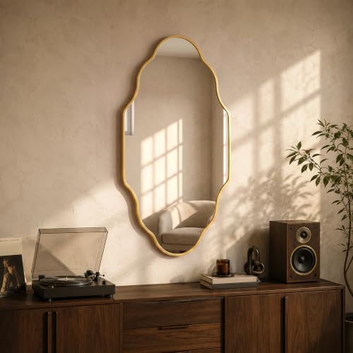 Fahomiss Scalloped Mirror for Bathroom - 20x36 Gold Bathroom Mirror with Aviation Aluminum Alloy Frame & Shatter-Proof Glass for Living Room Bedroom Entryway Brushed Gold Frame(x1)