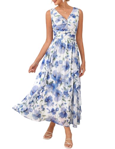 Image of GRACE KARIN Women's Summer Sleeveless Floral Maxi Dress V Neck Formal Wedding Guest Dress A Line Beach Vacation Clothes