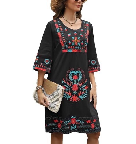 Image of Higustar Mexican Embroidered Dress Summer Cotton Bohemian Flower Peasant Traditional Mexico Fiesta Boho Dresses for Women