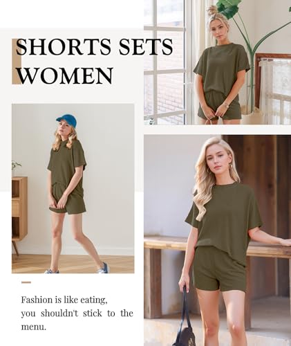 Image of MARZXIN Women 2 Piece Shorts Set 2026 Casual Summer Cruise Outfits Ribbed Loose Short Sleeve Pocket Matching Lounge Sets