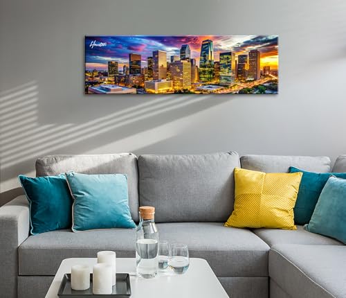 Image of DJSYLIFE Houston Skyline Canvas Wall Art Decor Panorama City Pictures Painting Texas Cityscape Photo Print Artwork for Office Bedroom Living Room Walls Decoration Ready to Hang 13.8 inchx45.3 inch