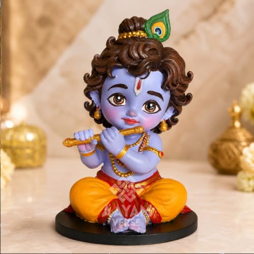 Image of Balroop Blessings Natkhat Krishna Murti for Car Dashboard | 3.5 Inch Cute Laddu Gopal Idol | Premium Hand-Painted UV Resin Murti | Home Temple, Office & Gift