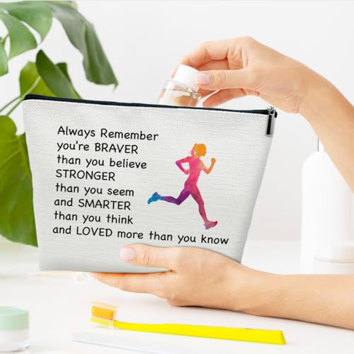 Running Gifts Makeup Bag, Inspirational Runner Gifts for Marathon Lovers Women, Always Remember You're Braver Than You Believe Cosmetic Bags for Purse4