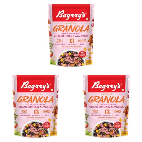 Image of Bagrry's Superfood Granola Exotic Fruits with Cranberries & Almonds 400g - 75% Fruits, Nuts, Seeds & Grains | 13 Nutrient-Packed Superfoods | 100% Plant-Based | High in Fibre & Protein | Healthy Breakfast Cereal | Multigrain Cereal | 100% Baked Granola | No Palm Oil