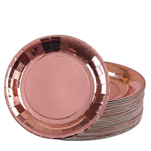 Topways Or Rose Assiette Jetable Decoration Anniversaire, 48pcs 18cm Papier Assiette Vaisselle Jetable Plateau pour Decoration Anniversaire Fille Femmes, Enfants Party Fête Mariages Camping, 7inchs