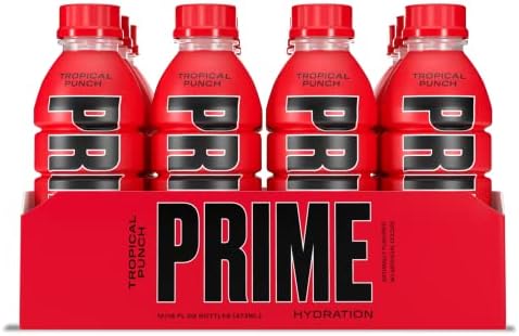 Prime Hydration Drink Sports Beverage "TROPICAL PUNCH," Naturally Flavored, 10% Coconut Water, 250mg BCAAs, B Vitamins, Antioxidants, 835mg Electrolytes, 25 Calories per 16.9 Fl Oz Bottle (Pack of 12)