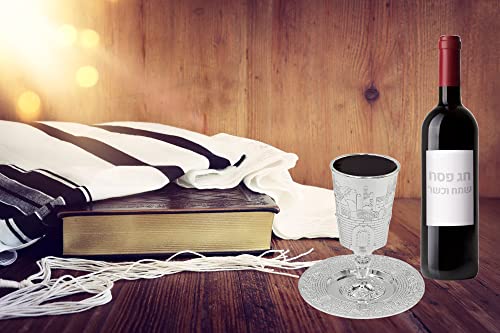 The Dreidel Company Tall Kiddush Cup With Leg Jerusalem Design, Premium Quality Silver Plated Goblet, Shabbat And Havdalah Goblet, Judaica Shabbos And Holiday Gift (Jerusalem-Design With Leg) #TOP1