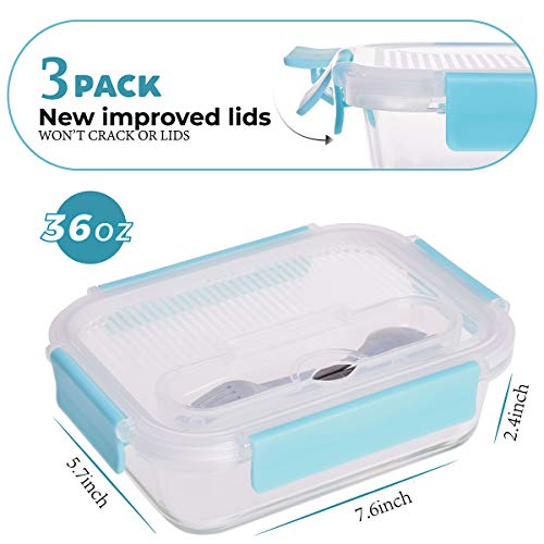 Image of [3-Pack,36 OZ]Large Glass Food Storage Containers with Locking Lids - Bento Box Glass Lunch Containers - Glass Meal Prep Containers - Glass Storage Containers with Lids - Glass Snack Containers