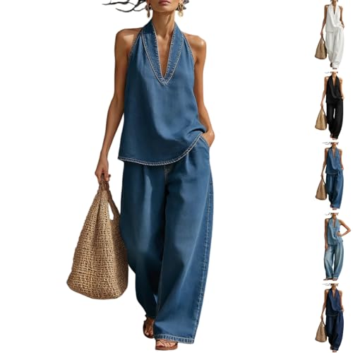 Women's Casual Halter Top & Wide-Leg Pants Set, Two Piece
