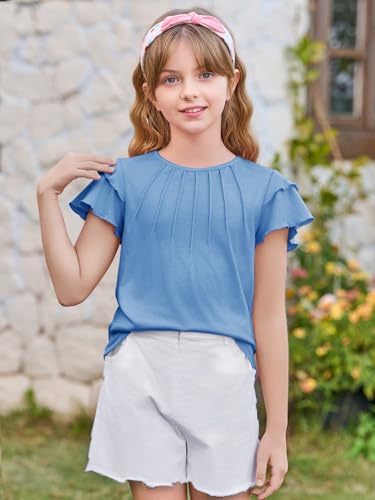 Image of Haloumoning Girls Pleated Ruffle Short Sleeve Shirts Kids Summer Crewneck T-Shirts Fashion Tops Tees 5-14 Years