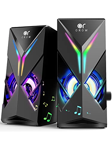 OROW głośnik komputerowy, 10 W RGB głośnik gamingowy na PC, zasilany przez USB, gniazdo 3,5 mm, głośnik biurkowy z kolorowym oświetleniem LED, mini głośnik komputerowy