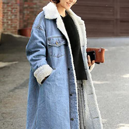 Color Blocking Jacket Winter Womens Jean Coat Thicken Warm Fleece Long Denim Coat Punk Gifts Senior Mom (Blue, Xxl) #TOP3