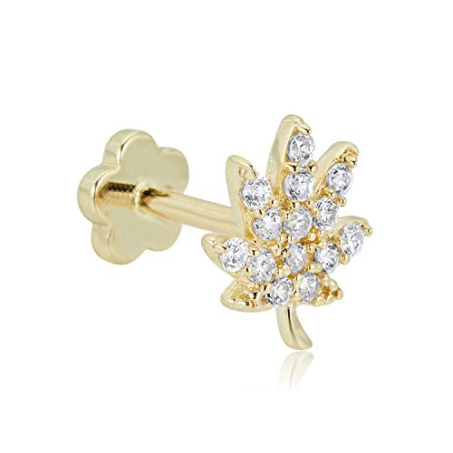 Avora 14K Yellow Gold Simulated Diamond Cz Hemp Leaf Cartilage Piercing Flat Back Earring Body Jewelry (18 Gauge) #TOP20