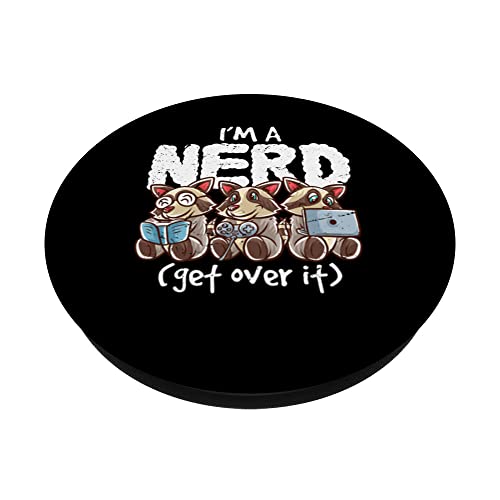 Raccoon I'm A Nerd Get Over It Nerdy Geek Reading Gamer PopSockets Swappable PopGrip, Black - Image 2