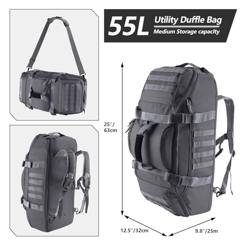 Image of Hannibal Tactical 55L Large Duffle Bag, 3-in-1 Tactical Backpack MOLLE Pack for Sports, Gym, Outdoor, Grey