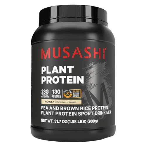 Image of Musashi Plant Protein Powder, Vanilla, 900g (1.98 lb), Pea, Brown Rice and Chia Protein Blend with BCAAs & L-Glutamine, 23g Protein, 130 Calories per Serving