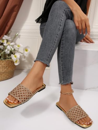 Image of GORGLITTER Women's Sparkly Jeweled Flat Sandals Dressy Open Toe Glitter Shiny Slippers Slip-on Shoes