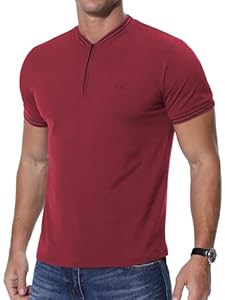 T-Shirt Henley Zippé Homme, Motif Cerf, Rouge Vin, KUYIGO