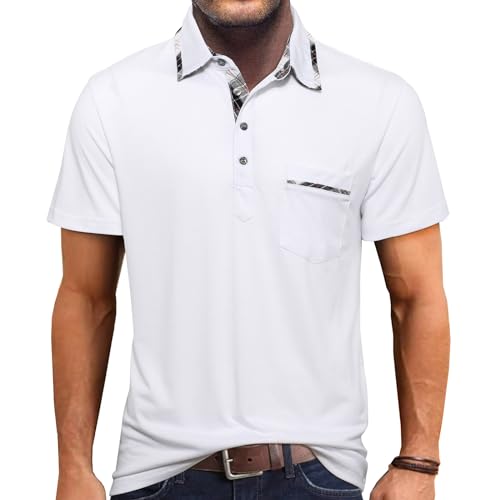 Comilaka Men's Short Sleeve Casual Polo Shirts Classic Button Contrasting Colors T- Shirts with Pocket Stylish Tops White