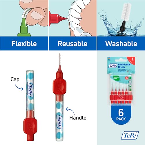 Image of Tepe TePe INTERDENTAL BRUSH ORIGINAL - Red 0.5mm 6 Pack - Recommended by Dentists for Best Oral Health, Healthy Mouth & Gums Between Dental Visits, Prevent Bad Breath and Periodontal Disease