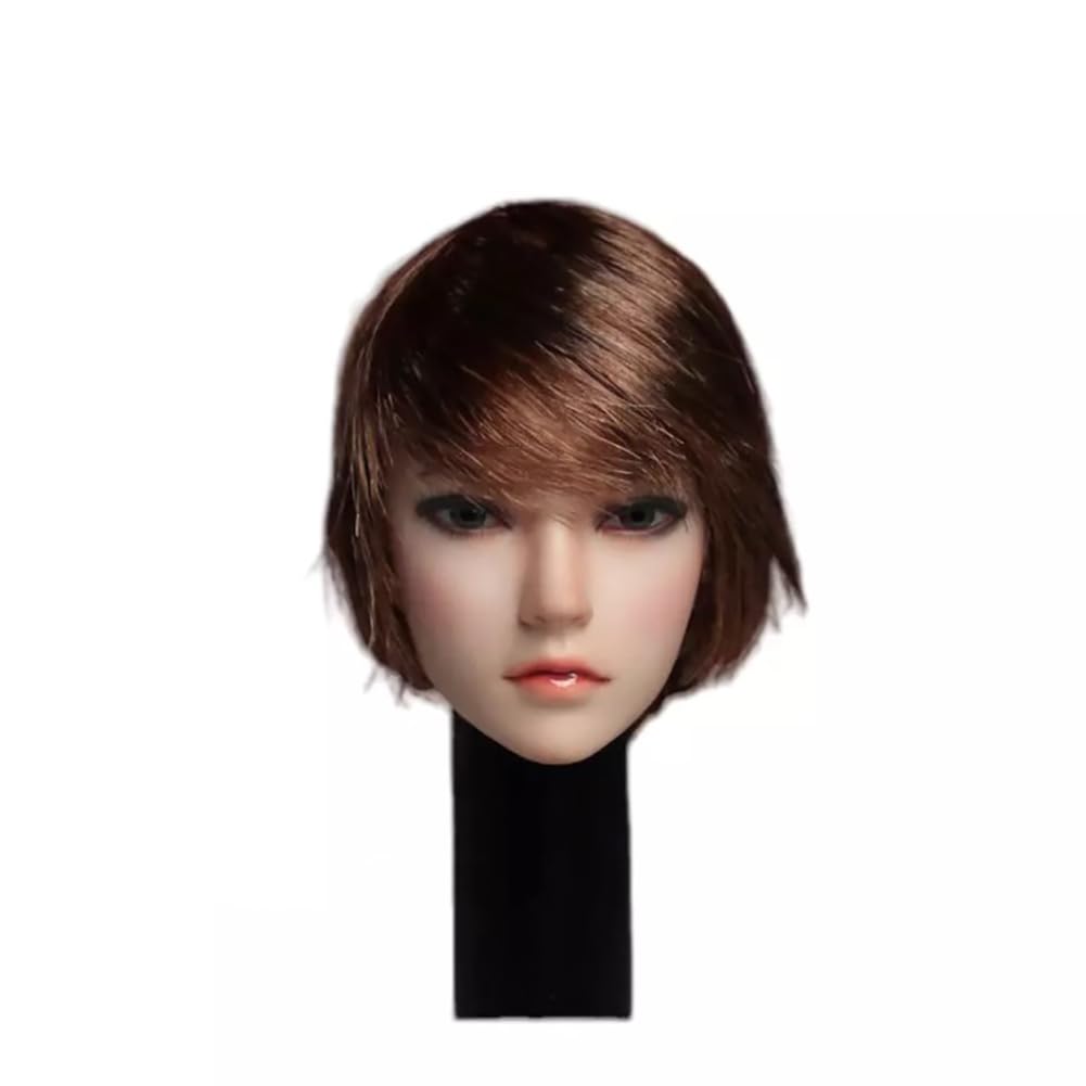 SOUFORCE 1/6 Scale Female Head Sculpt Asian Young Girl Skew Bang Short Brown Hair Head for 12inch Phicen, TBLeague Action Figure Body Collection