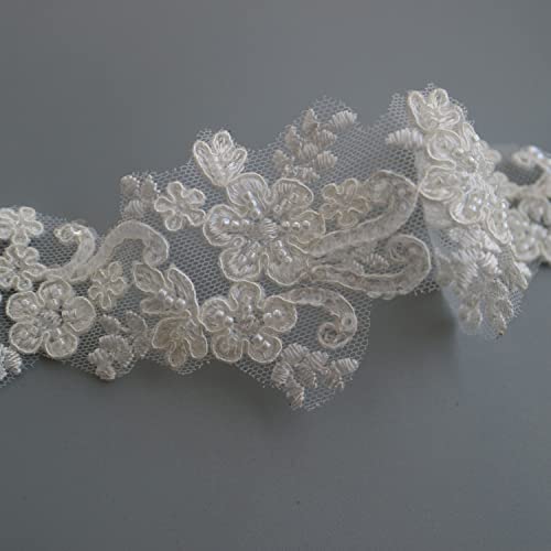 G-RUI 6cm*2yards Luxury Beaded Embroidery Flower lace Appliques for Wedding Dresses Rhinestone Applique Patches Embroidery lace parches ropa (Off White Color)…