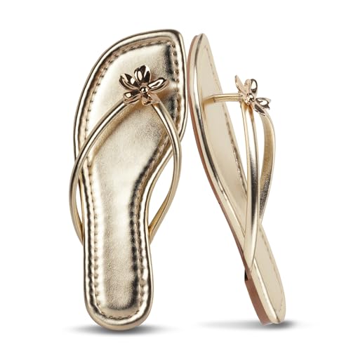 Gothictor Women's Flip Flops Floral Flat Sandals for Women Square Toe Slip on Comfortable Dressy Thong Sandals Beach Wedding Shoes Gold 9