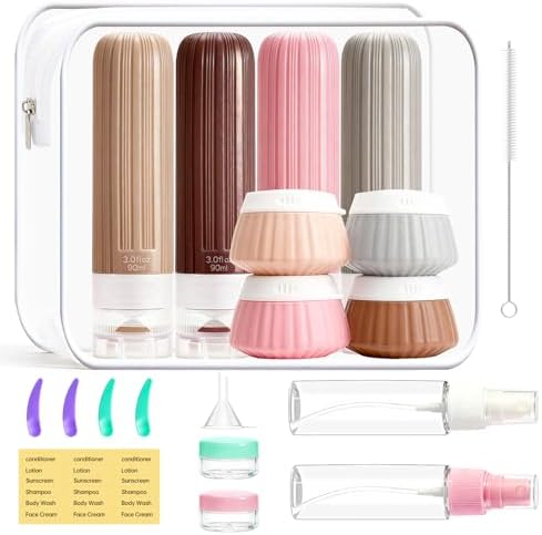 19 Piezas Botellas de viaje de silicona, Juego de Botes Rellenables Viaje, Compresible Prueba de Fugas Kit Viaje Avion, para Champú, LocióN, Acondicionador y Gel de Ducha Serie rosa