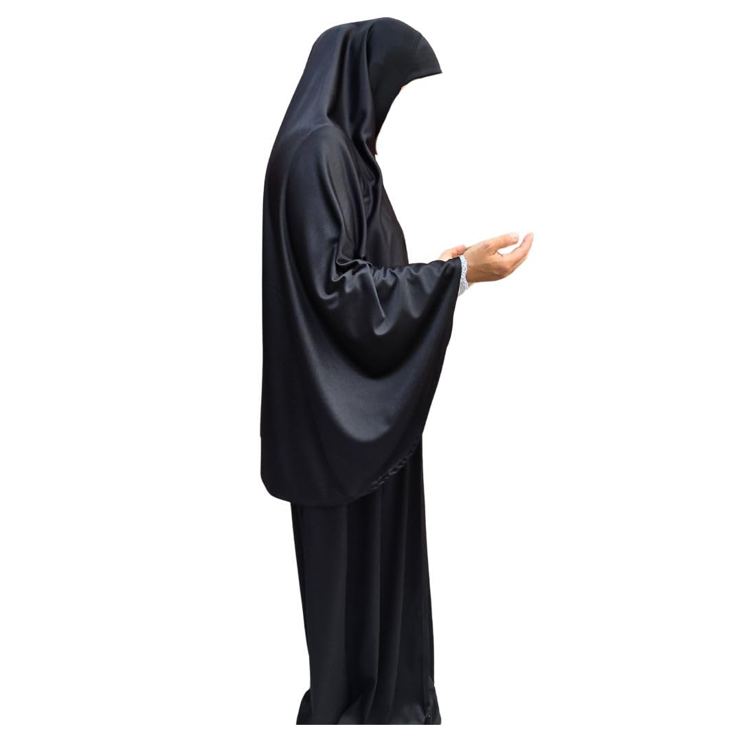 Yaqeen Women's Black Prayer Set Two Piece (Khimar + Skirt) One Size Pull On Headscarf Stretchy Lycra Ideal Everyday/Home/Work/Travel/Hajj/Umrah/Mosque/Madrassa/Ramadan/Eid/Gift (Black)