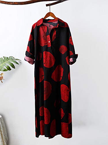 Vestido longo feminino de algodão vintage com anéis de árvore padrão gola virada para baixo manga co
