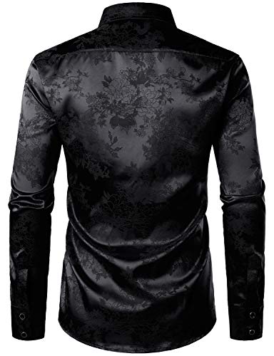 ZEROYAA Men's Shiny Satin Rose Floral Jacquard Long Sleeve Button Up Dress Shirts for Party Prom3