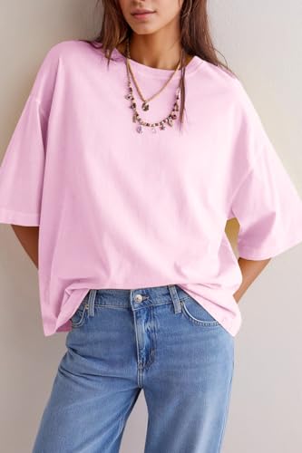 Image of UNCLECAT Womens Oversized Half Sleeve T Shirts Summer Tops Trendy Crew Neck Loose Fit Workout Tee Clothes Pink