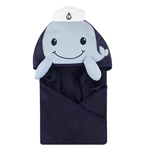 Image of Little Treasure Unisex Baby Cotton Animal Face Hooded Towel, Sailor Whale, One Size