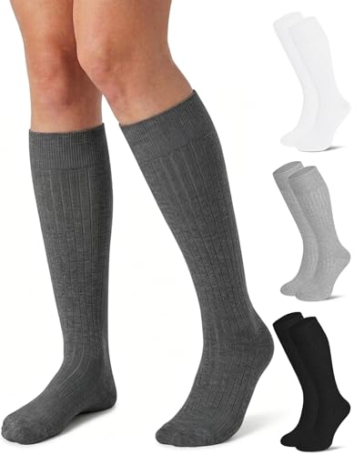 CTHH 4 Pairs Knee High Socks for Women - Soft Cotton Long Dress Socks Slouch Socks Boot Trouser Stockings for Gifts Casual Athletic Soccer Hiking Baseball Black Dark Grey Light Grey White