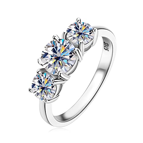 AINUOSHI Certified 3-Stone Moissanite Engagement Ring for Women, 2-4CT Round Cut, 925 Sterling...