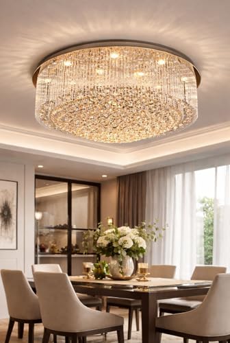 Image of Sanleen 32x32 Inch Crystal Chandelier Ceiling Light | Round Flush Mount Gold Finish | Modern Luxury K9 Crystal Ceiling Lamp for Dining Room, Living Room, Hall | 12 Inch Height Elegant Jhumar
