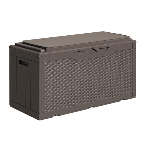 Image of Greesum 100 Gallon Resin Deck Box Outdoor Storage with Cushion, Dark Brown