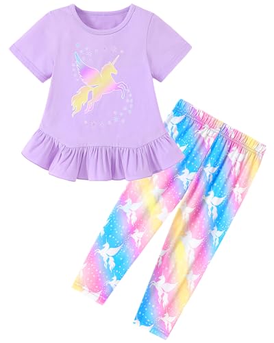 CARETOO Summer Clothes for Girls 2pcs Girls Clothes Size 6 A Pony Capried with Wings Ruffle Hem Purple Short Sleeve Top and Rainbow Floral Capri Pant 5-6 Years for Casual Outings
