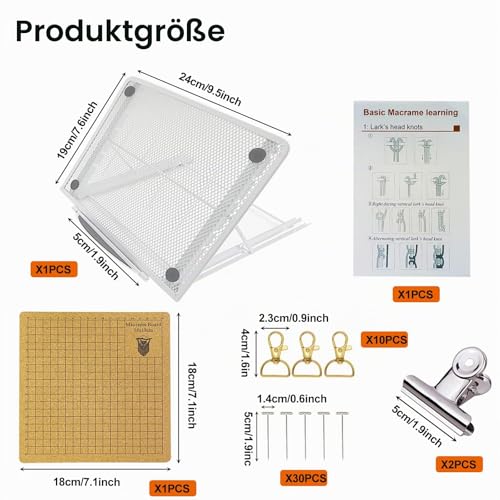 Makramee Brett mit Klemme,18x18cm Makramee Board mit Verstellbarem Ständer,Makramee Zubehör mit Drehbare Schlüsselringe Flecht-Hilfsmittel für DIY Knoten-Kreation