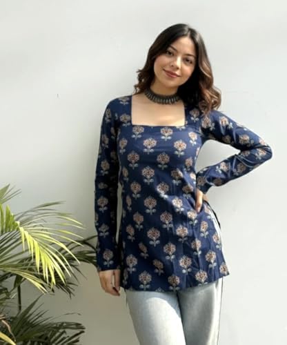 Image of FELISIA Women's Full Sleeves Rayon Printed Square Neck Short Kurti, Bell Sleeves, Short Kurti for Women, Stylish Ethnic Top, Daily Casual Western & Office wear