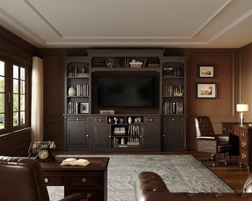 Image of AMERLIFE 102.8 inch Wall Unit TV Stand with Cabinet & Storage, Large Entertainment Center for TVs up to 65, Media Console with Bookshelves, Adjustable Shelf for Living Room, Dark Walnut