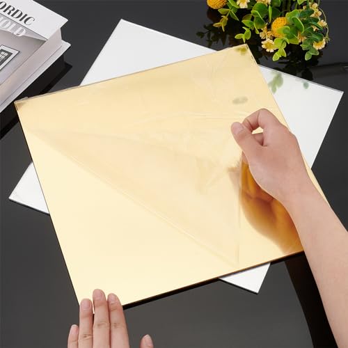 Image of BENECREAT 2Pcs 12x12 Inch Acrylic Mirror Sheets Gold & Silver Acrylic Sheets Opaque Glossy Mirror with Film Attached for Engraving, Wall Decor and DIY Crafts