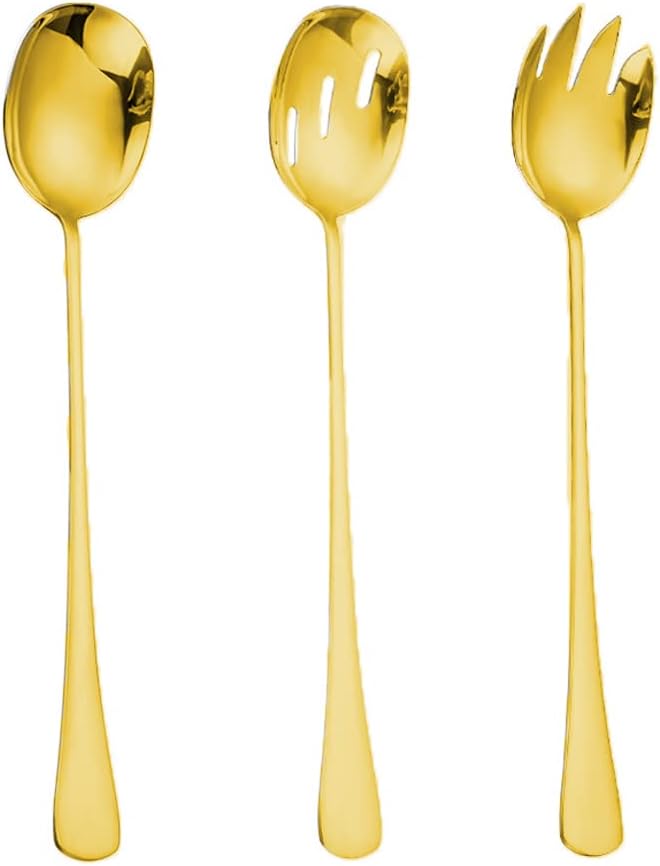 Salad Servers Salad Serving Sets Stainless Steel 11" Buffet Salad Spoon and Salad Fork Dishwasher Safe Large Metal Serving Utensils Gold, Set of 3
