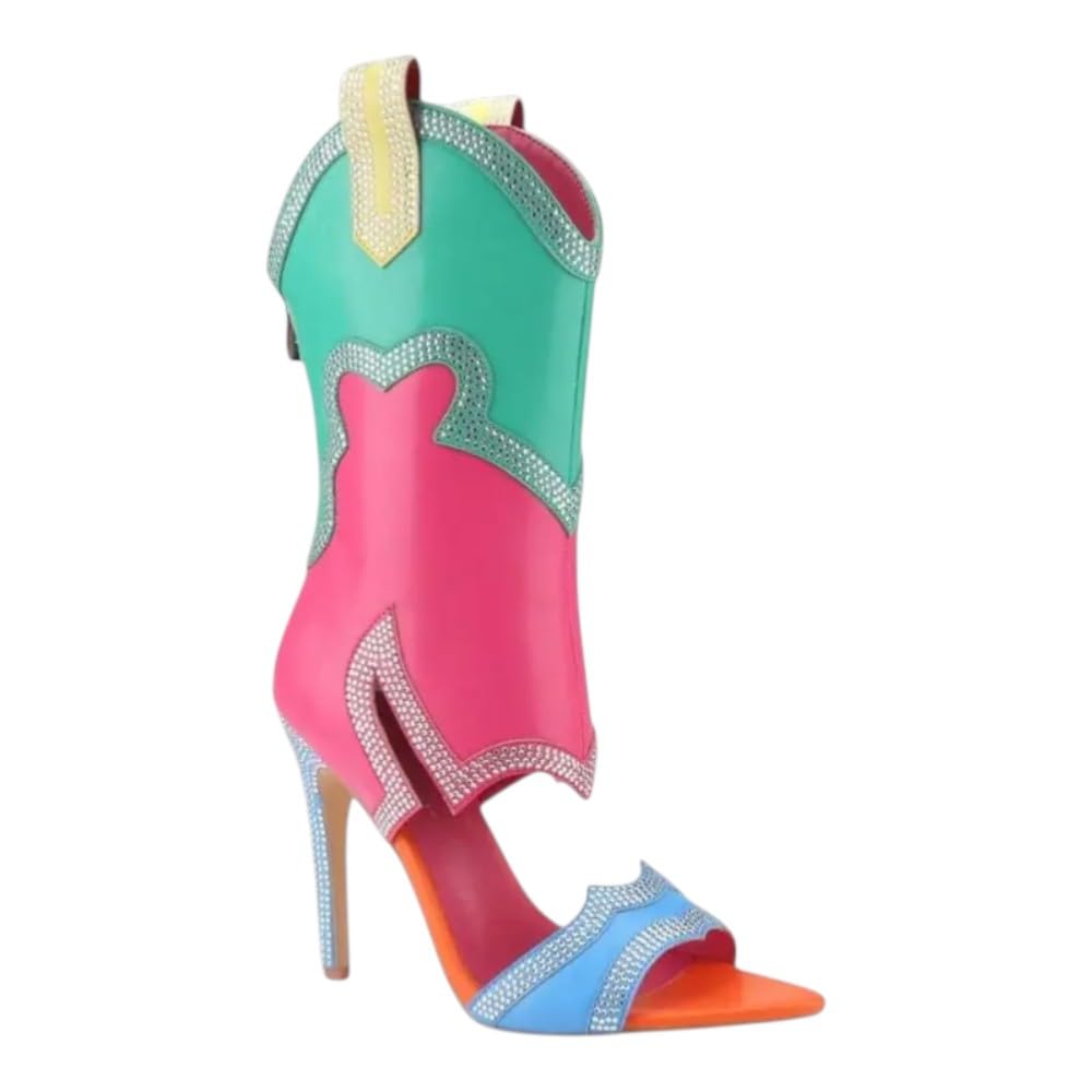 Women Rhinestone Open Toe High Heel Short Booties Sexy Western Mid-calf Boots